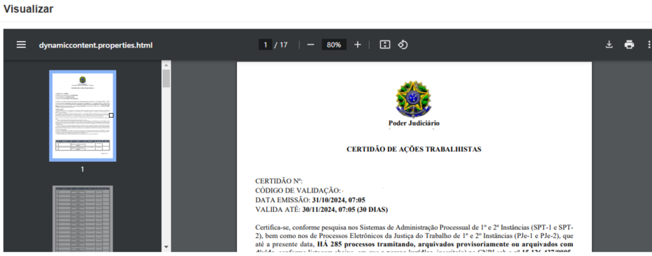Visualização da certidão gerada