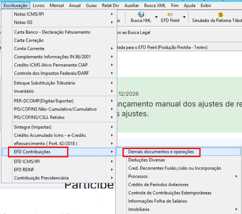 Tela de Demais Documentos e Operações no menu Escrituração do G5 Phoenix