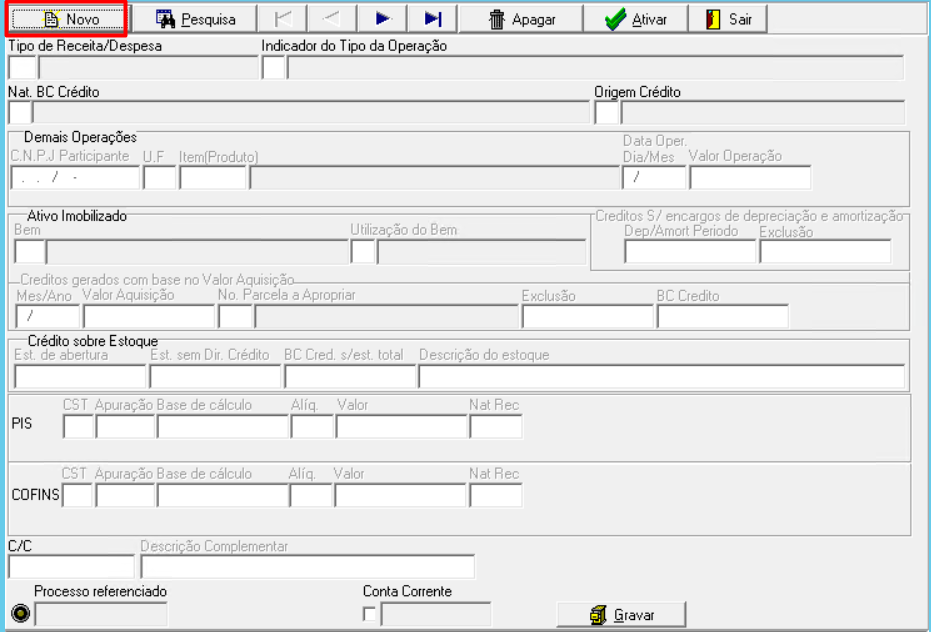 Botão Novo destacado na tela de Demais Documentos e Operações