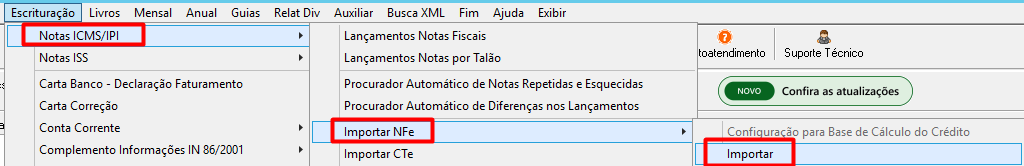 Menu de importação de notas de ICMS/IPI no G5 Phoenix