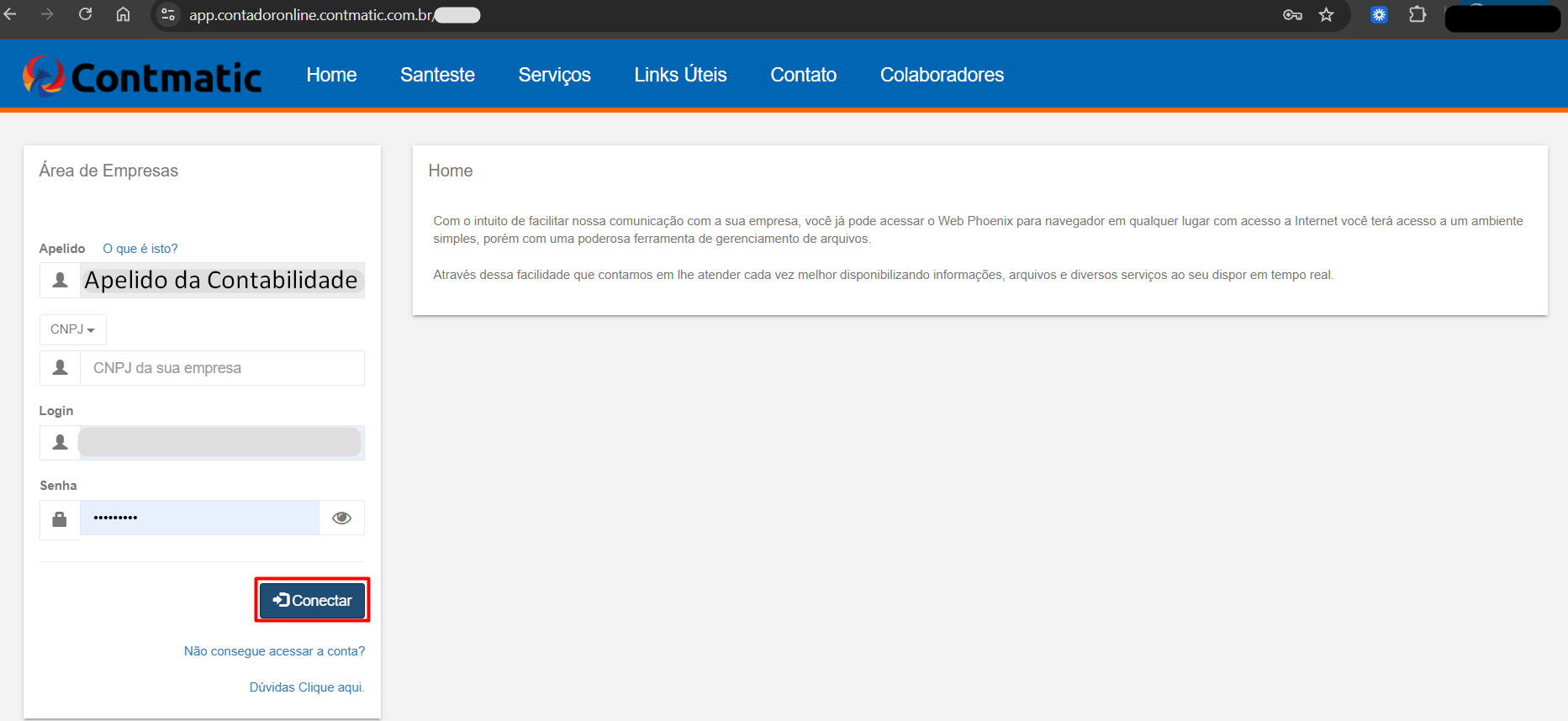 Tela de login do Ambiente Cliente