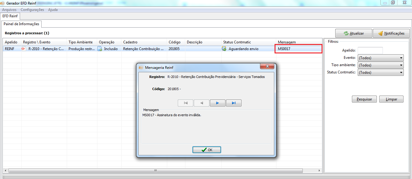 Mensagem de erro MS0017