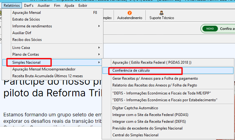 Menu Relatórios Simples Nacional Conferência de Cálculo