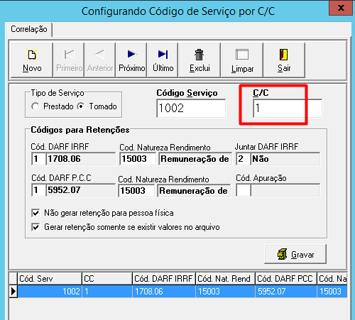 Detalhe do campo Configuração C/C