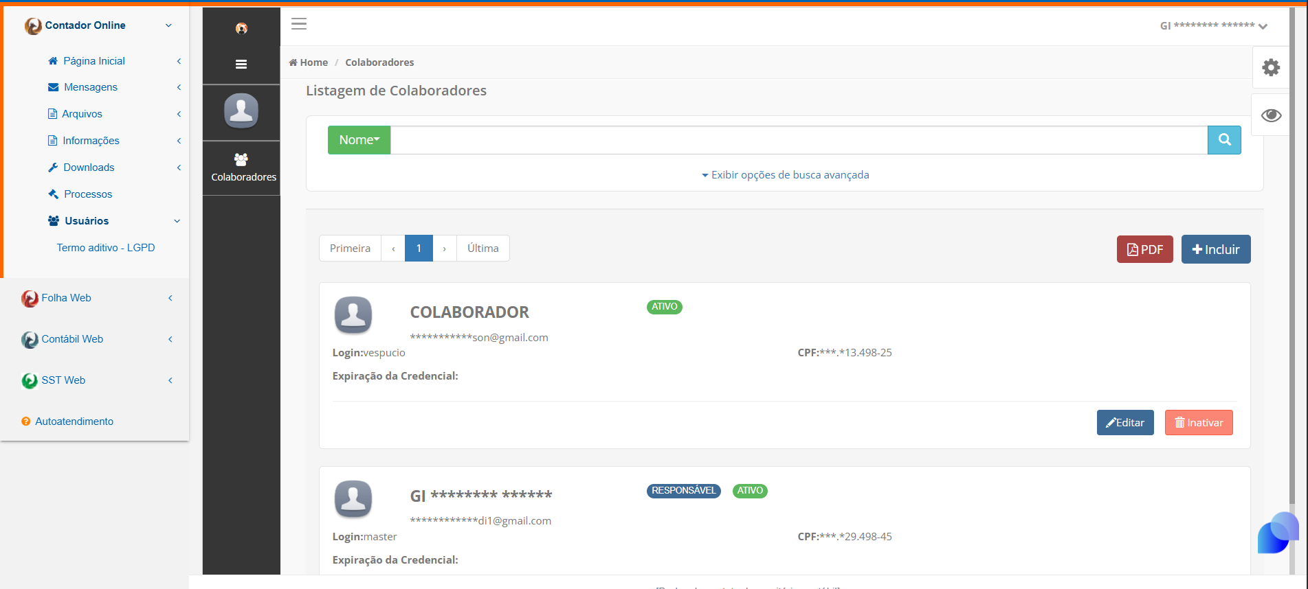 Tela de Cadastro de Colaboradores exibindo a listagem de usuários