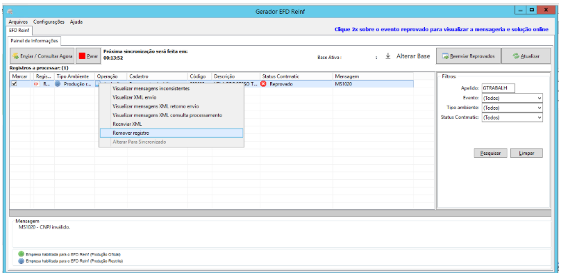 Opção Remover registro no Robomatic EFD REINF