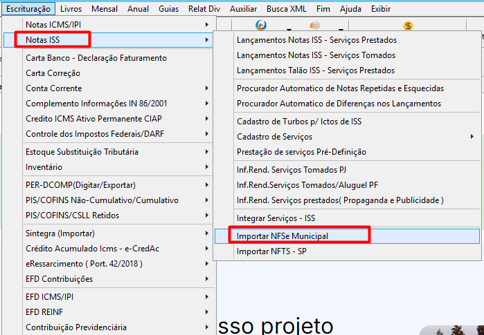 Menu de importação de notas de ISS no G5 Phoenix