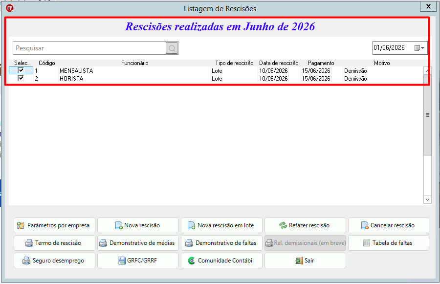 Tela de listagem de rescisões processadas em lote