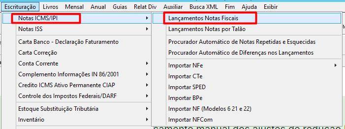Menu Lançamentos Notas Fiscais