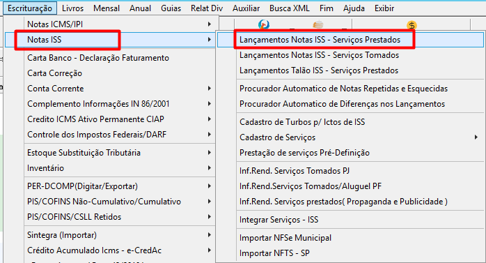 Menu Lançamentos Notas ISS