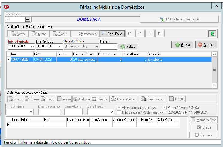 Tela de definição de período aquisitivo