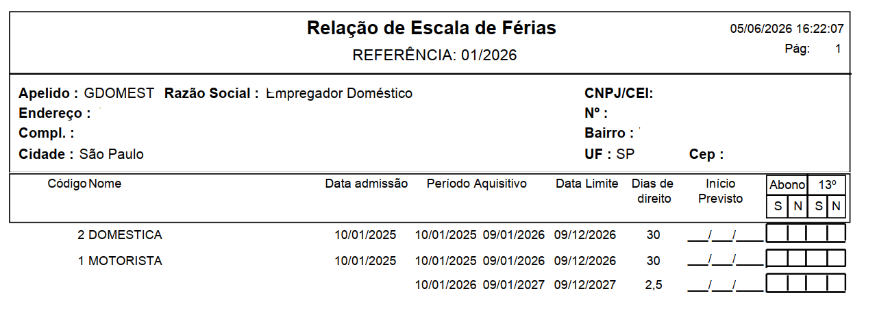 Demonstração do relatório de Escala de Férias Doméstico
