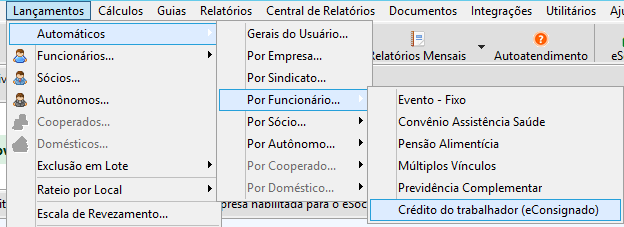 Tela de acesso ao menu eConsignado no sistema Folha
