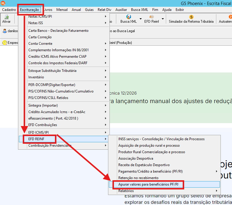 Menu Apurar Valores para beneficiários PF/PJ