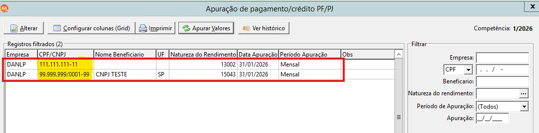 Duplo clique no beneficiário reprovado