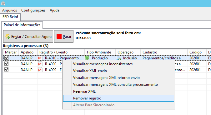 Remover registro reprovado no sincronizador