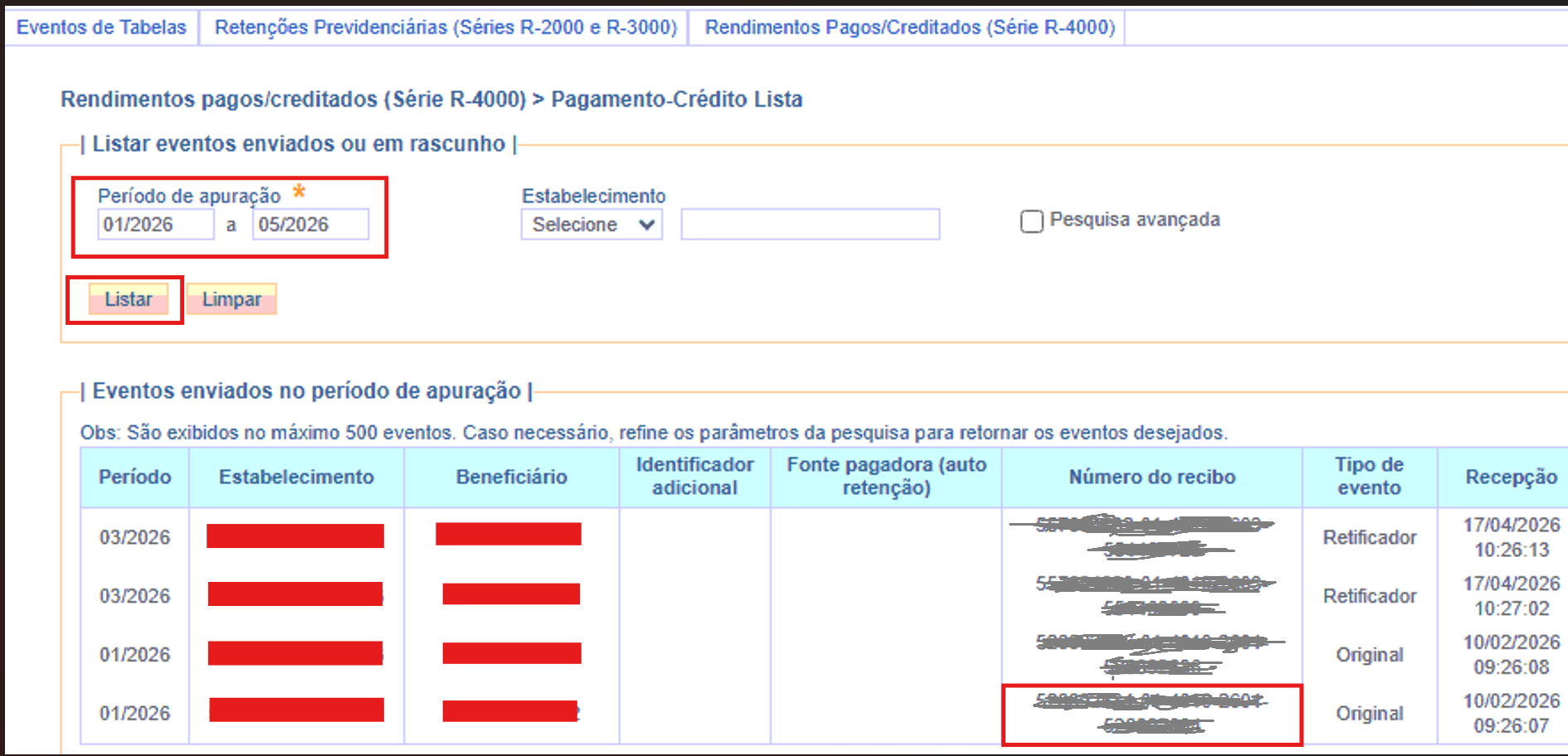 Copiar número do recibo do beneficiário