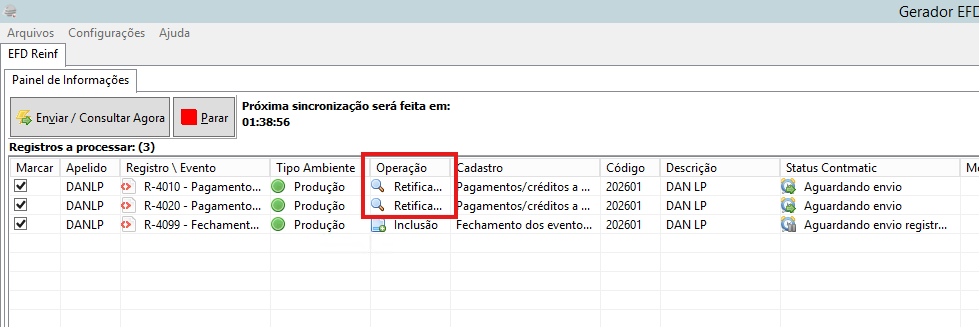Registros gerados como retificação e sincronizados