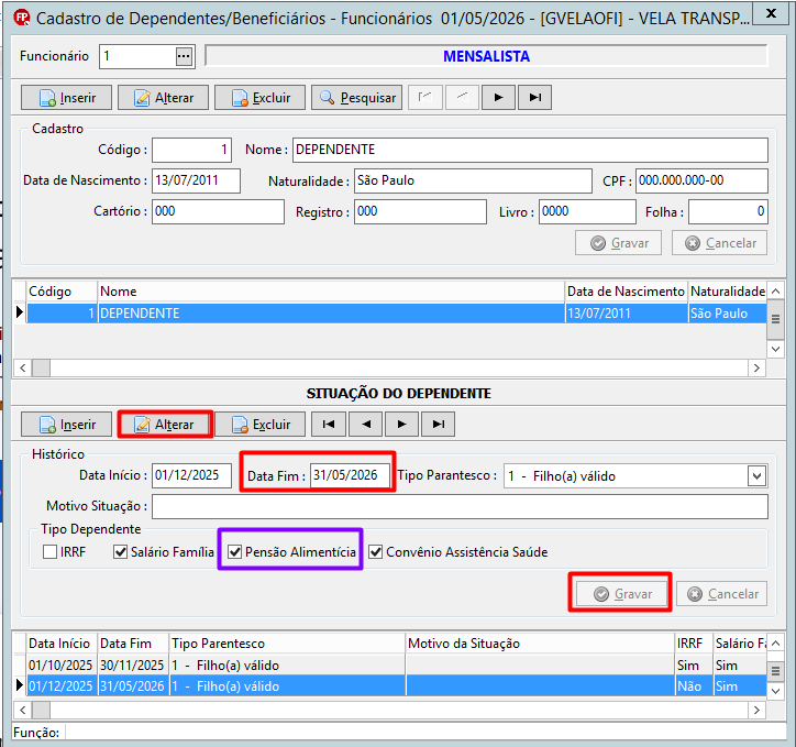 Inserção da Data Fim no cadastro do dependente