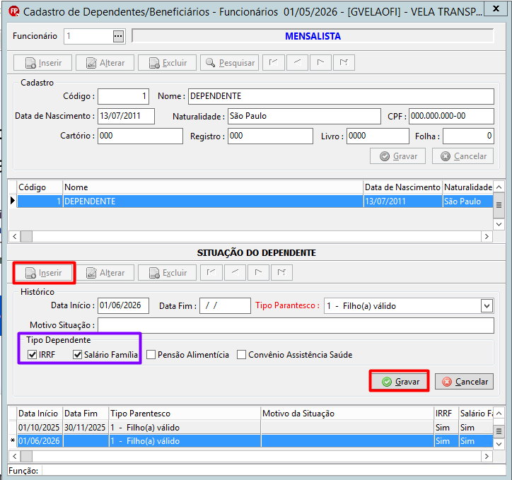 Novo cadastro do dependente atualizado
