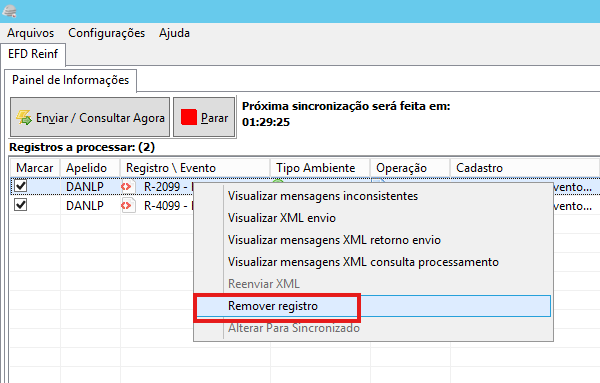 Remover Registro no Sincronizador