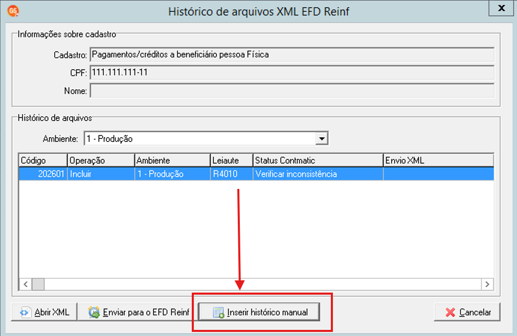 Inserir histórico manual