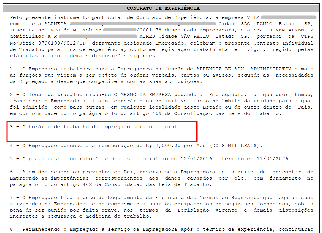 Campos de horário de trabalho em branco no documento do funcionário.