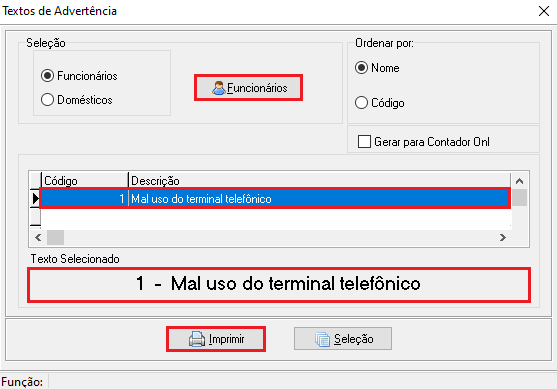 Tela de emissão de advertência