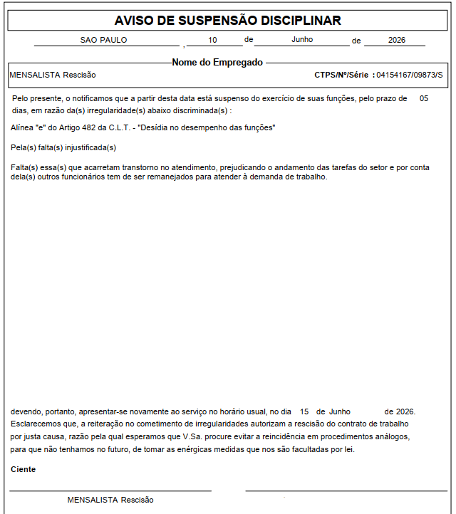 Relatório de aviso de suspensão