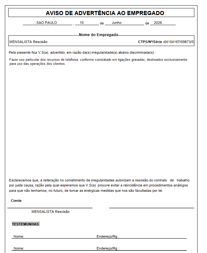 Relatório de aviso de advertência