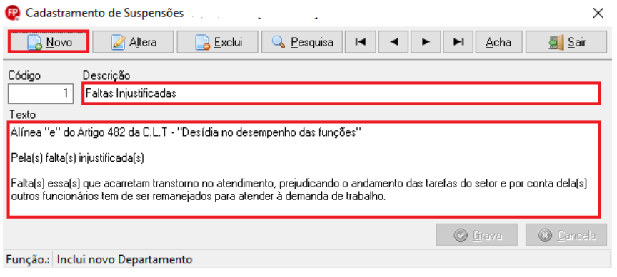 Tela de cadastro de suspensão