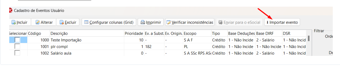 Botão Importar evento.