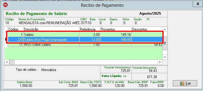 Recibo do mês 08 com dias de salário e afastamento