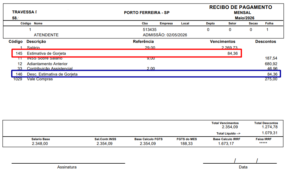 Funcionamento dos eventos de estimativa de gorjeta no recibo.