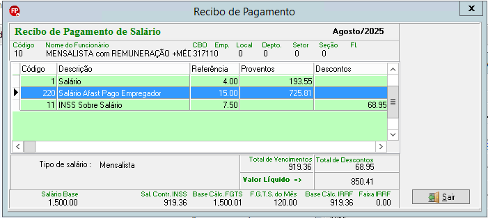 Recibo demonstrando dias de salário e dias de afastamento