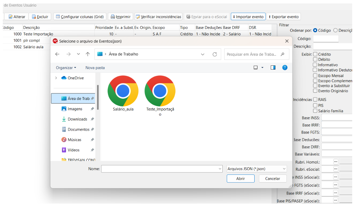 Seleção do arquivo JSON para importação.