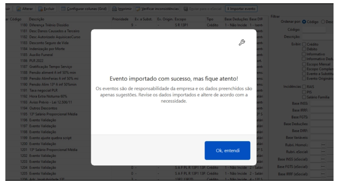 Confirmação de importação automática do evento.