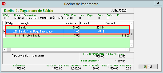 Recibo do mês 07 com 3 dias de afastamento