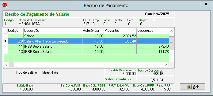 Recibo de pagamento demonstrando o evento 220