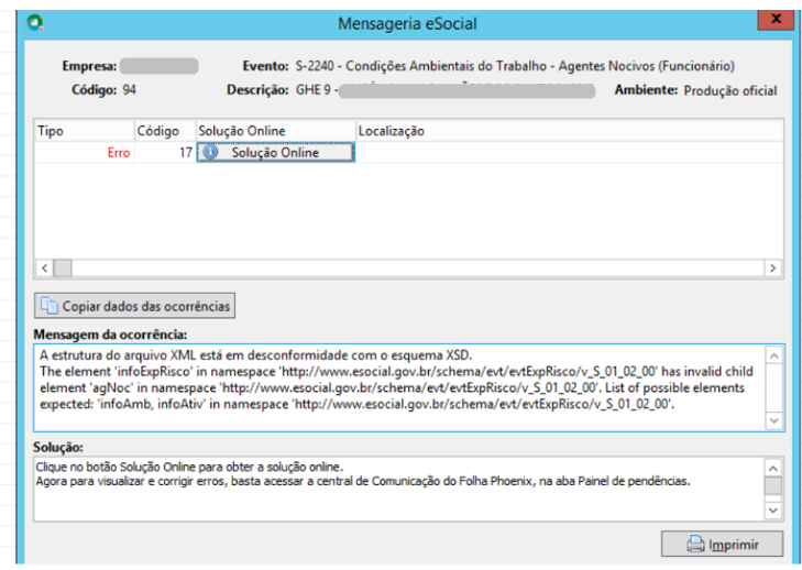Mensagem de erro 17 no evento S-2240.