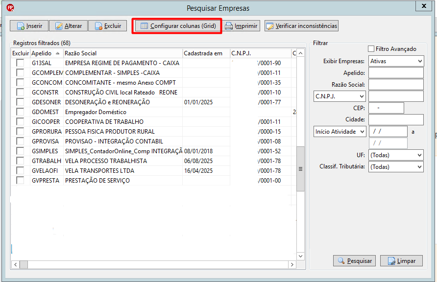 Tela pesquisar empresas destacando o botão Configurar colunas (grid).