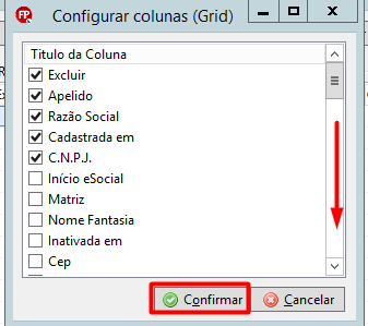 Tela Configurar colunas (grid) com as opções de campos para seleção.