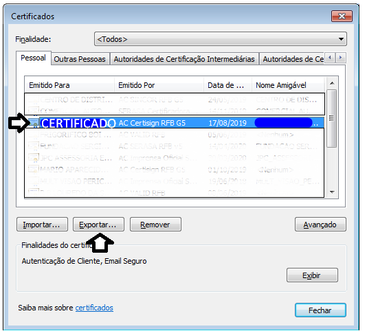 Assistente para Exportação de Certificados