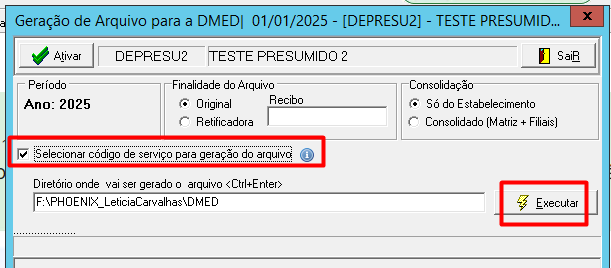 Opção Selecionar código de serviço
