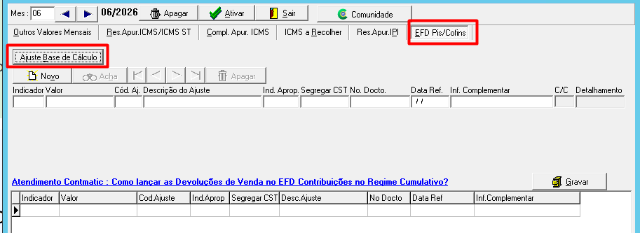 Seleção da opção Ajuste de Base de Cálculo