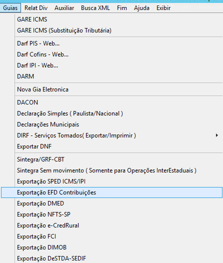 Menu de Exportação da EFD Contribuições