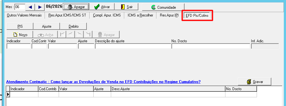 Tela de Outros Valores Mensais para EFD PIS e Cofins