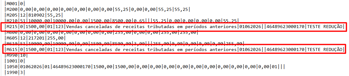 Visualização dos registros M215 e M615 gerados no PVA
