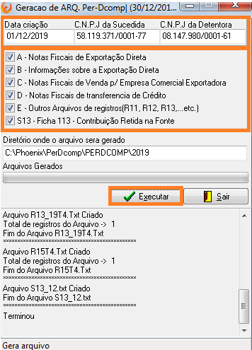 Tela de Exportar Arquivos