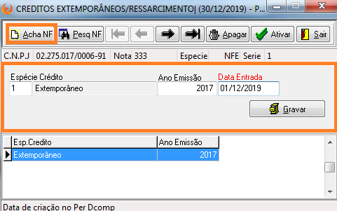 Tela de preenchimento de Créditos Extemporâneos